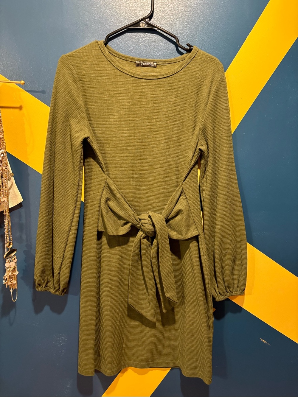 Amazon Olive Green Waffle Knit Long Sleeve Front Tie Dress NWT
